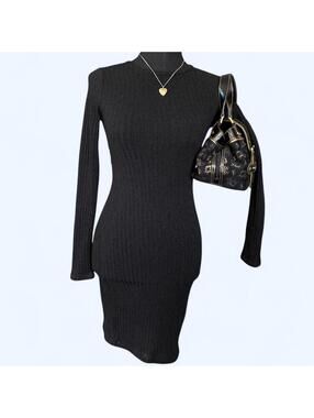 Black ribbed bodycon mini dress long sleeve minimalist basics size XS